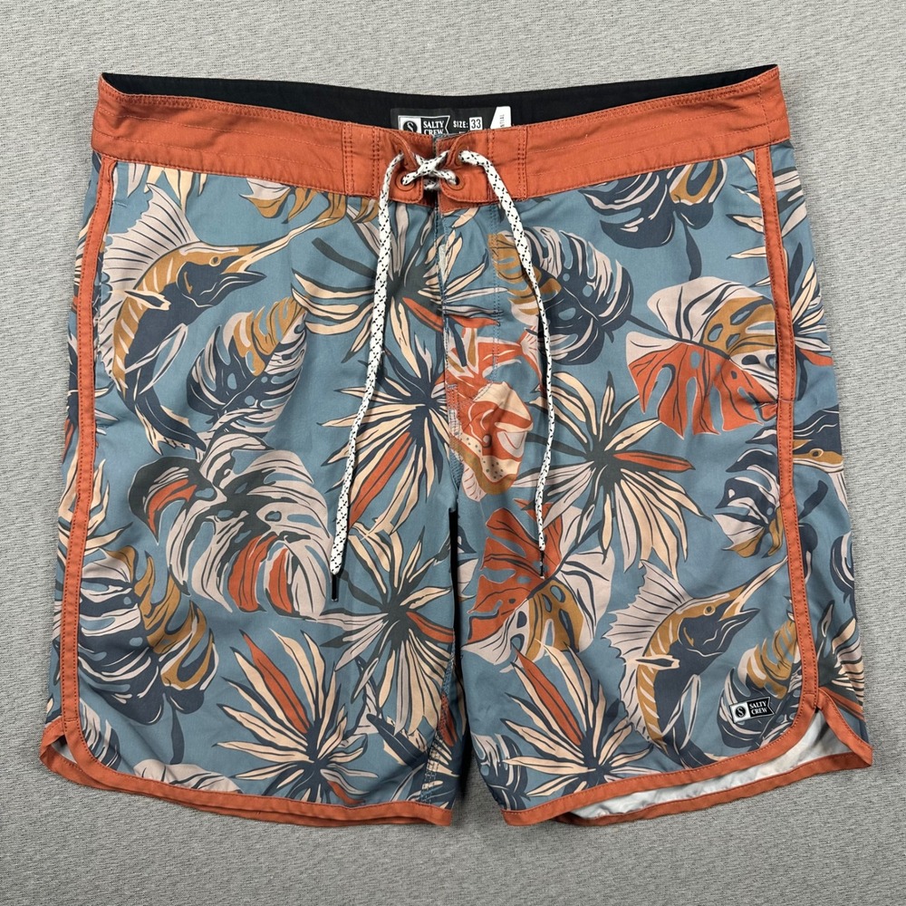 Salty Crew Essential Board Shorts Mens 33 Blue Orange Tropical Marlin Fish Surf